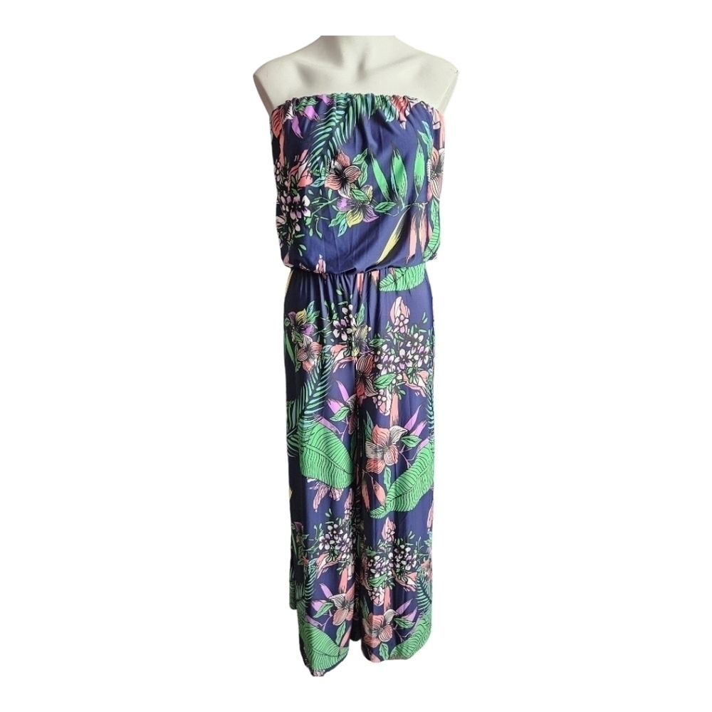 Sandiva strapless tropical print wide leg‎ flowy jumpsuit Sz XS Resort Summer